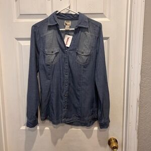 NWT Prototype‎ Authentic Women's Denim Shirt L Long Sleeve Button Down Roll Tab